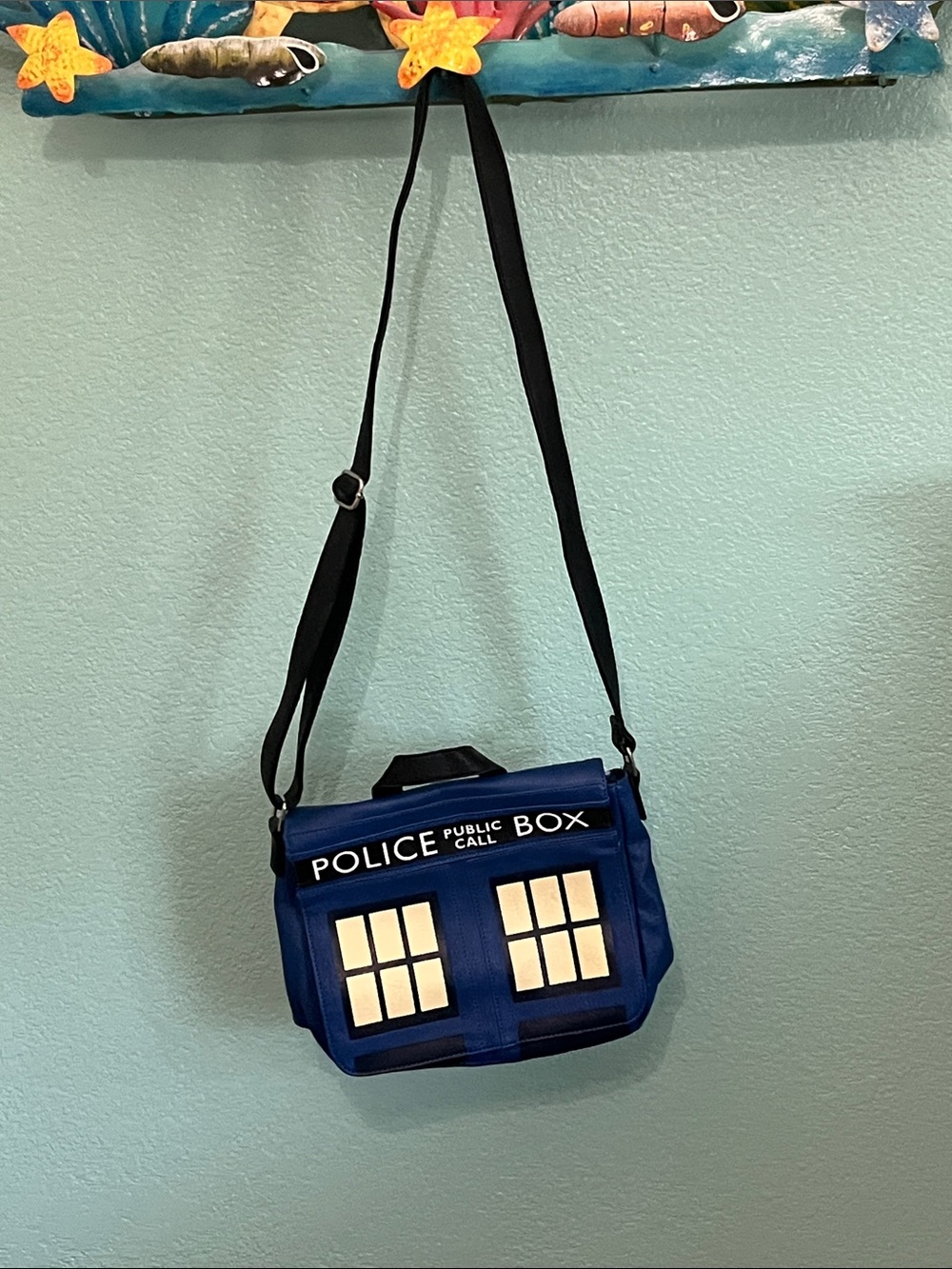 Loungefly Blue TARDIS Messenger Bag with Window Panel